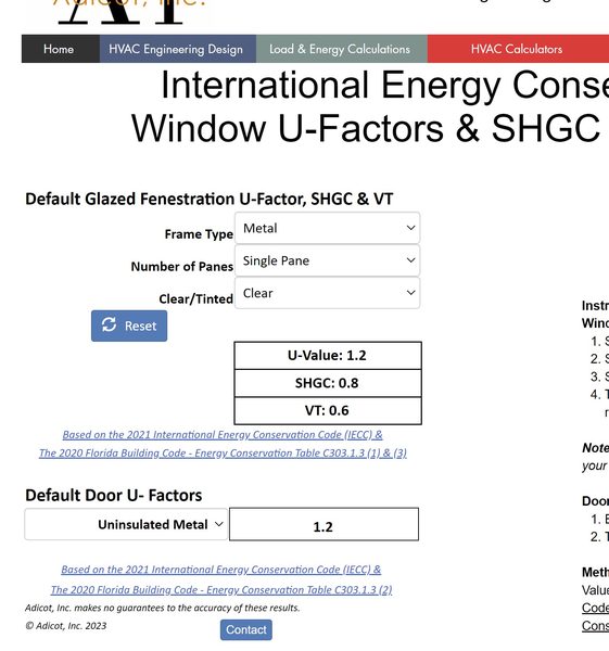 Code Default U-Factor & SHGC Value Calculator Example 
